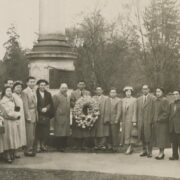 Group standing in front of the cenotaph in Stanley Park, Vancouver, BC, circa 1950s. Tanaka Family Collection.