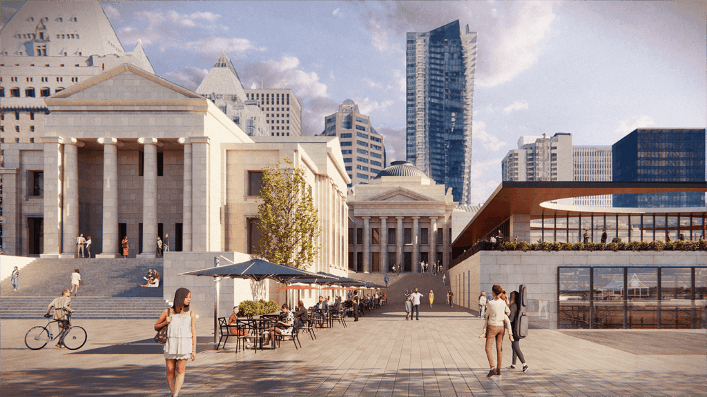 Concept for a North Side of Robson Square with the New Small Hall and Rattenbury BuildingRenovation with a New Hall